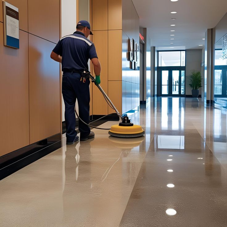 Floor buffing in commercial hallway