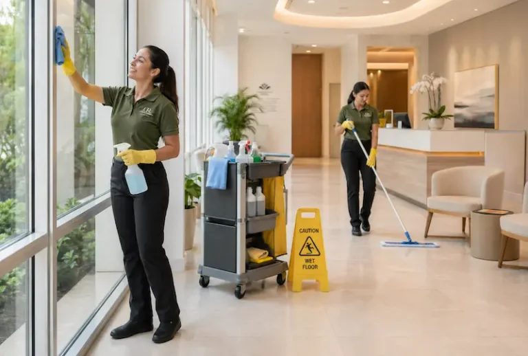 Janitorial team with a cleaning cart wiping windows and mopping floors in a bright office building lobby.