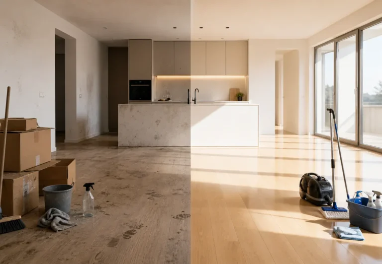 An empty room during a move-in process showing cardboard boxes on the left and a clean, shiny hardwood floor on the right.