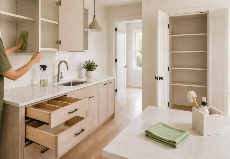 A female professional cleaner in a green uniform shirt opening and cleaning modern white kitchen cabinets and wooden drawers.