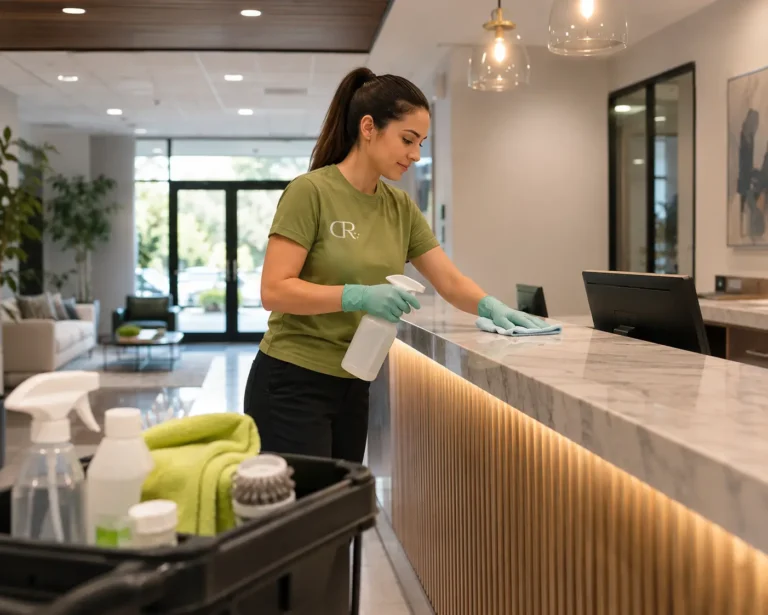 A female commercial cleaner wearing gloves and wiping down a polished marble reception desk.