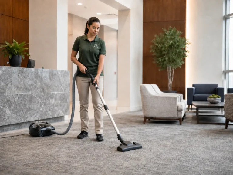 A female professional cleaner in a green shirt vacuuming the floor in a modern corporate building lobby.