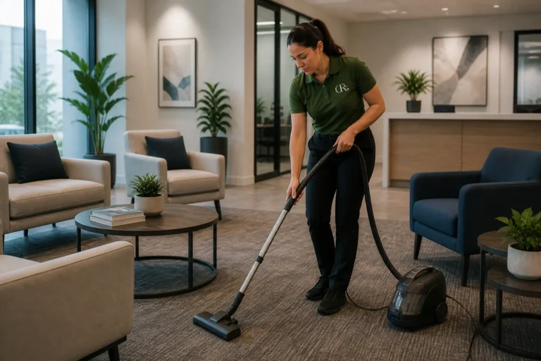 female professional cleaner vacuuming the floor in a modern corporate office lounge or waiting area.