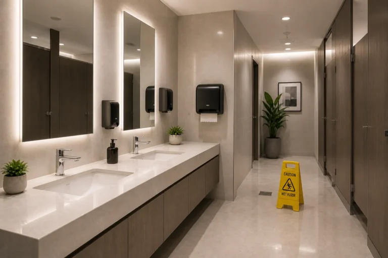 A modern and perfectly sanitized commercial restroom with clean white sinks, large mirrors, and a yellow caution wet floor sign.