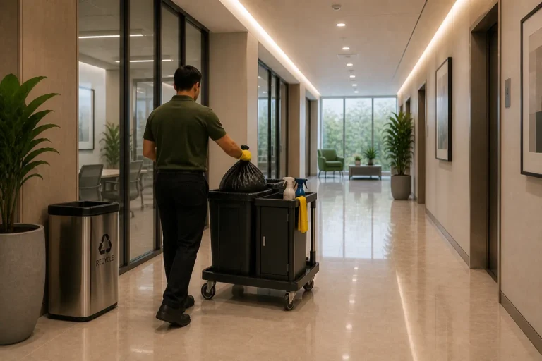 A male professional cleaner pulling a black trash bag on a utility cart down a polished office hallway.