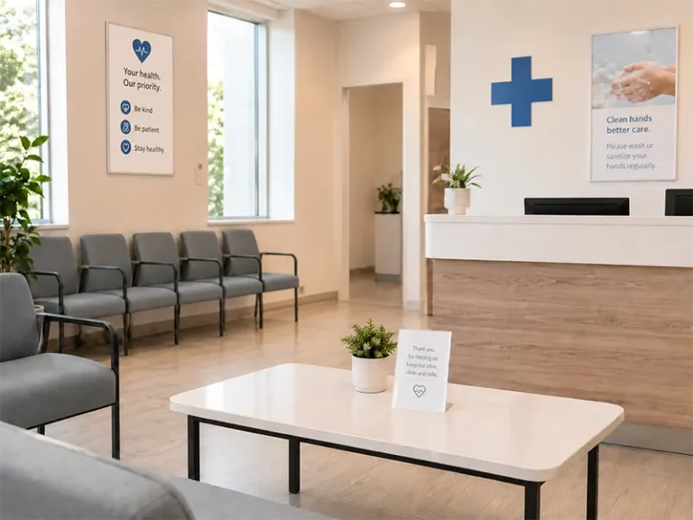 Clean and empty waiting room and reception desk of a modern medical facility or clinic.