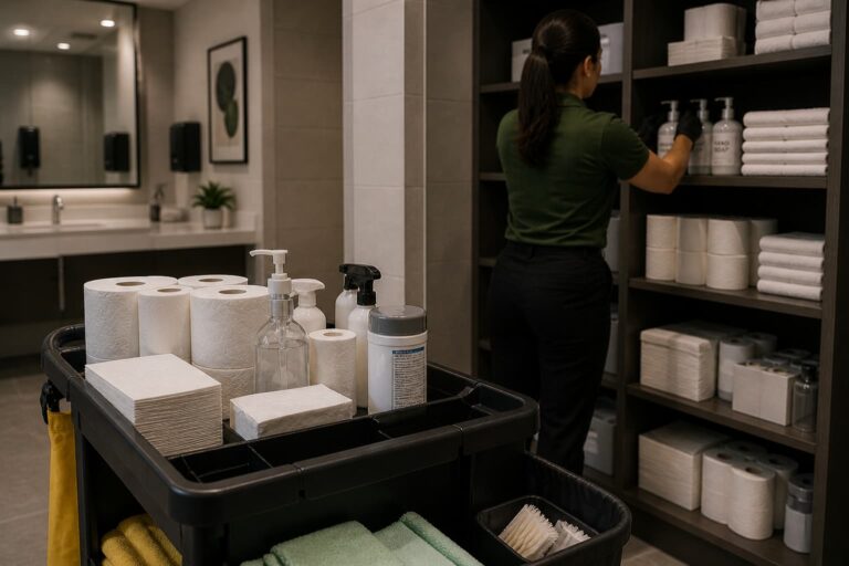 A female commercial cleaner in a green shirt organizing restroom supplies on a shelf next to a fully stocked janitorial cart.