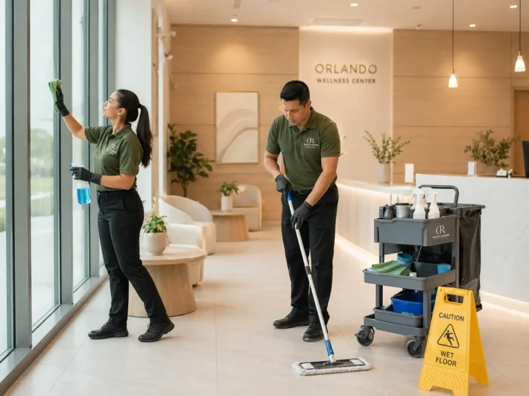 Amale and female professional janitorial services cleaner washing windows and mopping floors near a reception desk inside a wellness center.
