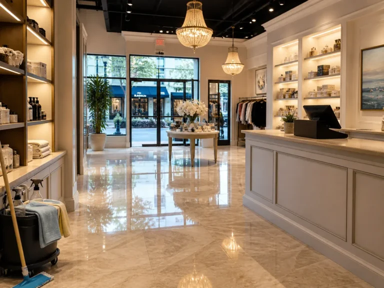A perfectly cleaned and polished commercial facility lobby with shiny floors.
