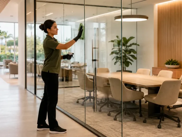 A commercial cleaner wiping a glass wall in a modern office conference room.