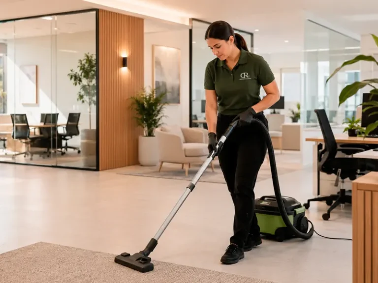 Professional commercial cleaner vacuuming an office carpet in a modern workplace in Maitland, FL