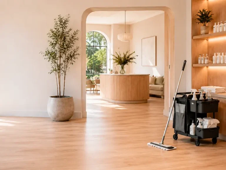 A cleaning cart and mop in a clean commercial lobby with a reception desk.
