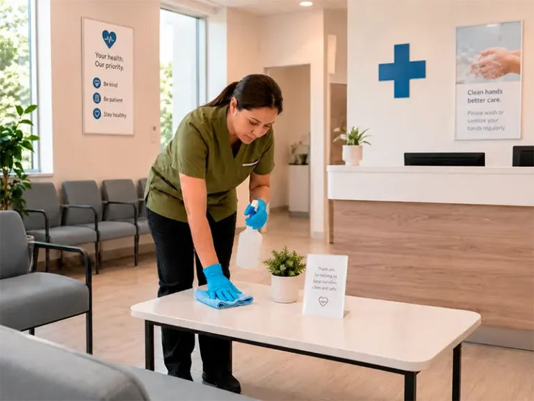 A female professional cleaner in a green uniform shirt spraying and wiping down a black coffee table in a medical clinic waiting room.