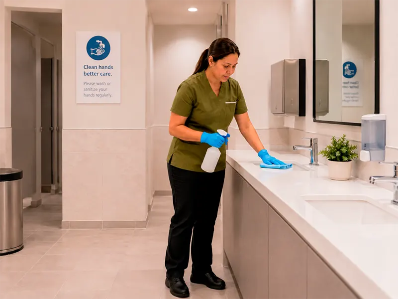 A female commercial cleaner wearing protective gloves and wiping down a white sink countertop inside a medical office restroom.