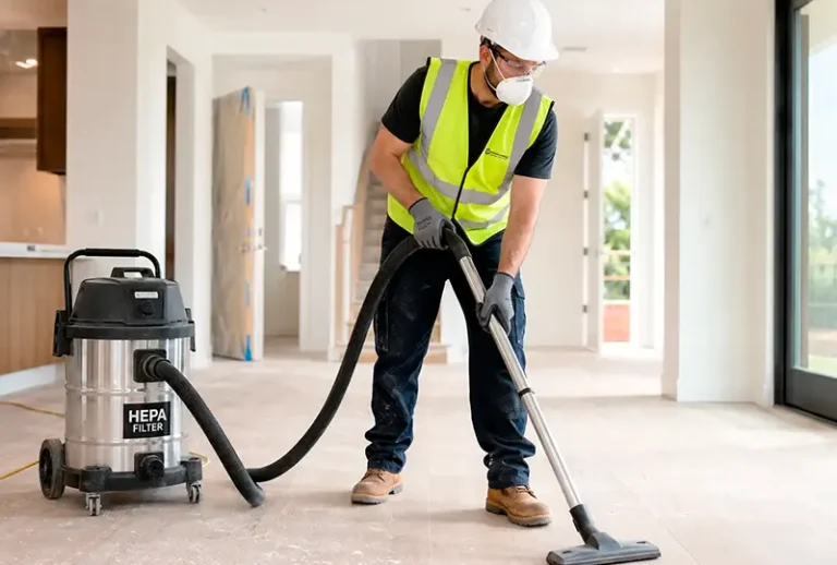 A construction worker wearing a hard hat and safety vest using a heavy-duty vacuum cleaner on a building site.