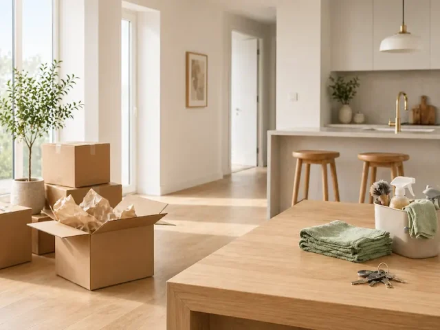 1BC9D451-94D9-48AD-94B6-8BE98EE31903 Cardboard moving boxes and cleaning towels on a wooden kitchen counter in an empty modern apartment.