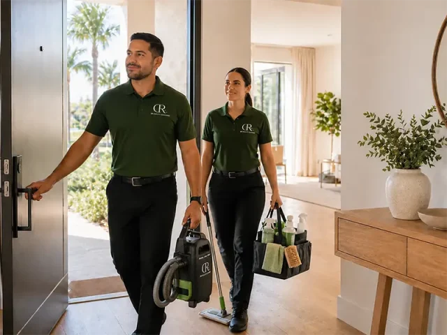 Commercial cleaning for property managers A male and female cleaner wearing green uniform shirts carrying equipment and entering a commercial property.