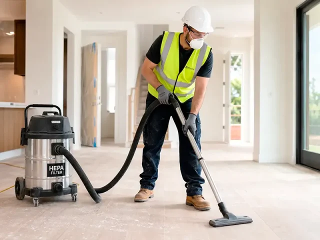 post construction cleaning orlando A construction worker wearing a hard hat and safety vest using a heavy-duty vacuum cleaner on a building site.